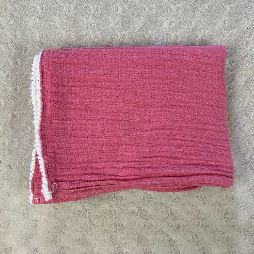 Chick Pea Pink Muslin Baby Swaddle Blanket White Pom Pom Edge Trim Lovey